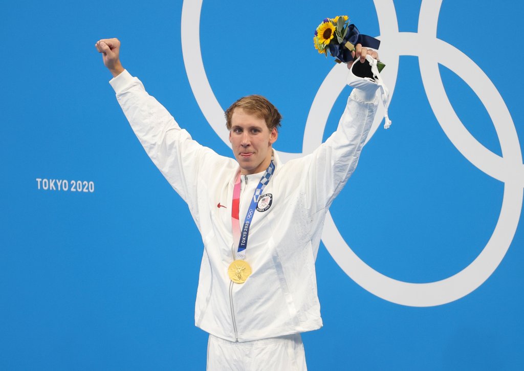 Gold medalist Chase Kalisz of USA during the medals ceremony of the 400m individual medley final on day two of the Tokyo 2020 Olympic Games at Tokyo Aquatics Centre on July 25, 2021 in Tokyo, Japan.