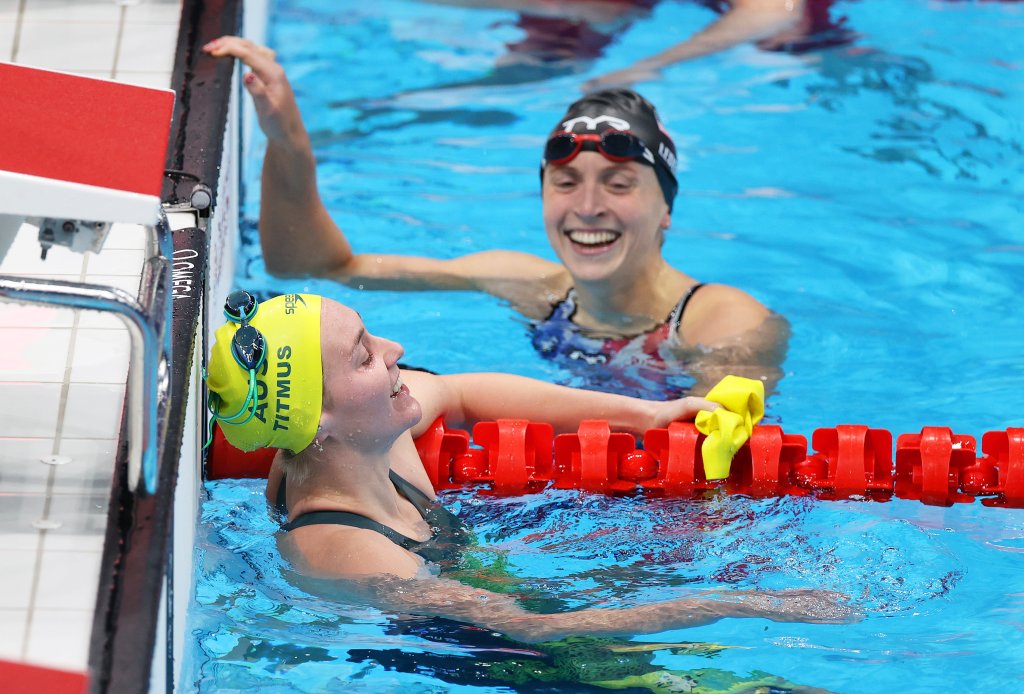 Ariarne Titmus of Team Australia and Katie Ledecky of Team United States react after competing in the Women's 400m Freestyle Final on day three of the Tokyo 2020 Olympic Games at Tokyo Aquatics Centre on July 26, 2021, in Tokyo, Japan.