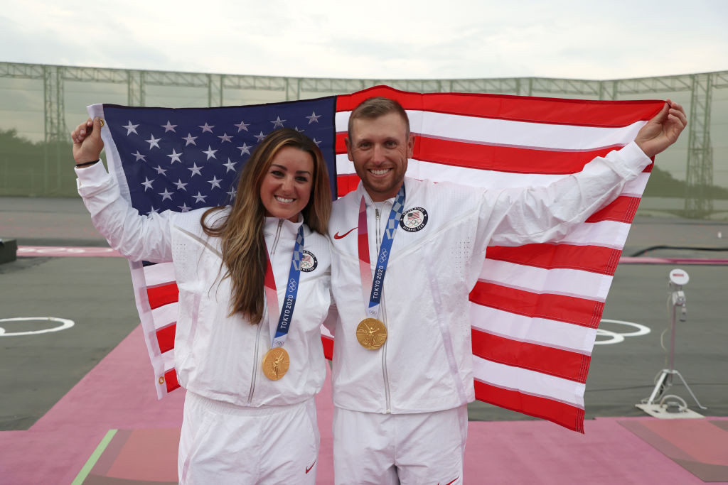 Gold Medalists Amber English and Vincent Hancock of Team United States following the medal ceremonies for the Skeet Women's and Men's Finals on day three of the Tokyo 2020 Olympic Games at Asaka Shooting Range on July 26, 2021 in Asaka, Saitama, Japan. 