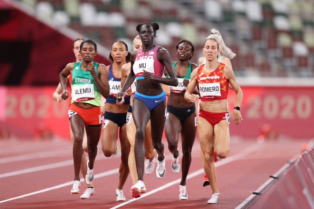 Habitam Alemu of Team Ethiopia and Athing Mu of Team United States lead their Women's 800m Semi-Final field on day eight of the Tokyo 2020 Olympic Games at Olympic Stadium on July 31, 2021 in Tokyo, Japan.