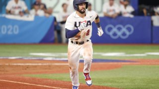 Eddy Alvarez of Team USA runs for a base during the baseball opening round Group B game between Team South Korea and Team United States on day eight of the Tokyo 2020 Olympic Games at Yokohama Baseball Stadium on July 31, 2021 in Yokohama, Kanagawa, Japan.