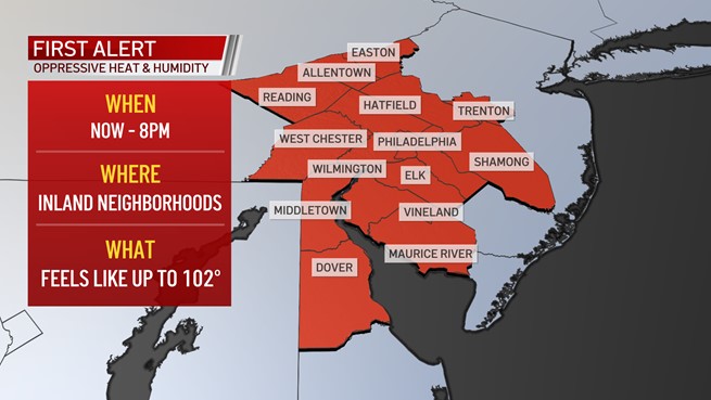 Map showing that much of the Philadelphia region is under a First Alert for heat on July 7, 2021.