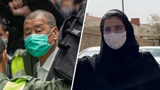 Left: Jimmy Lai, Apple Daily founder, arrives at the Court of Final Appeal in Hong Kong. Right: Saudi activist Loujain al-Hathloul is pictured on her way to the state security court in the Saudi capital Riyadh