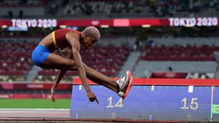 Venezuela's Yulimar Rojas competes in the women's triple jump qualification during the Tokyo 2020 Olympic Games
