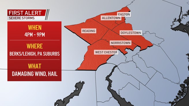 A map showing the Philadelphia suburbs and Lehigh Valley under a First Alert for strong storms on July 7, 2021