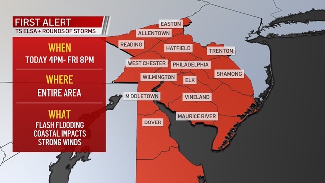 Map showing area for First Alert for flooding rain from Elsa, other storms