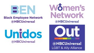 Logos for the Black Employees Network, the Women's Network, Out and Unidos at NBC Universal