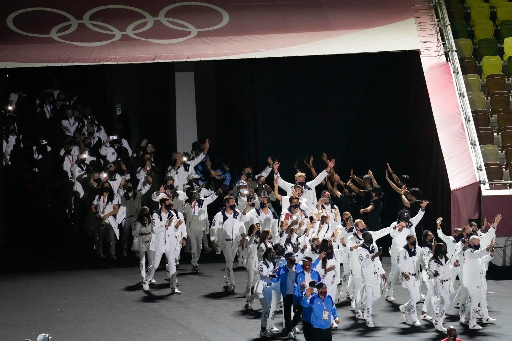 The United States of America athletes walk in during the closing ceremony in the Olympic Stadium at the 2020 Summer Olympics, Sunday, Aug. 8, 2021, in Tokyo, Japan.