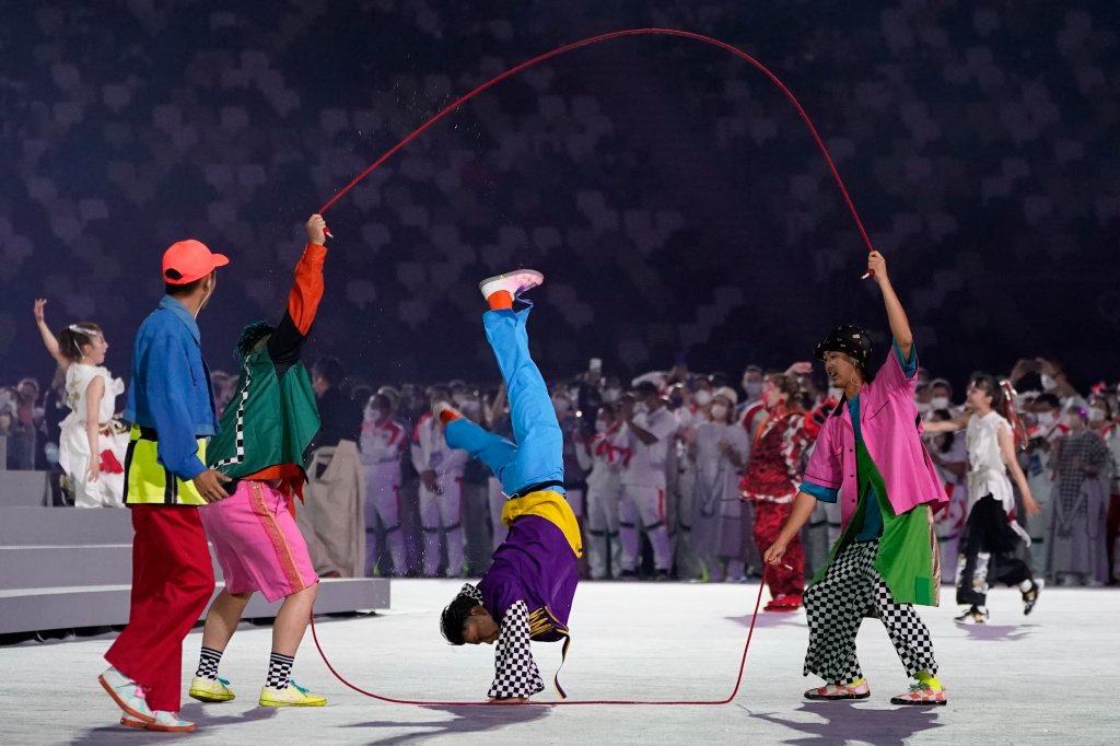 Dancers perform during the closing ceremony in the Olympic Stadium at the 2020 Summer Olympics, Sunday, Aug. 8, 2021, in Tokyo, Japan.