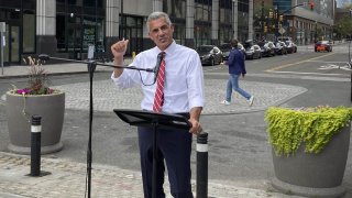 New Jersey Republican gubernatorial candidate Jack Ciattarelli calls for scrapping the state's current school funding formula to lower property taxes, during a press conference, Wednesday Aug. 18, 2021, in Jersey City, N.J.