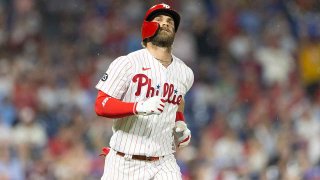The Phillies’ Bryce Harper playing against the Dodgers in August 2021.
