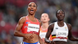 Jasmine Camacho-Quinn of Team Puerto Rico reacts after winning her Women's 100m Hurdles Semi-Final on day nine of the Tokyo 2020 Olympic Games