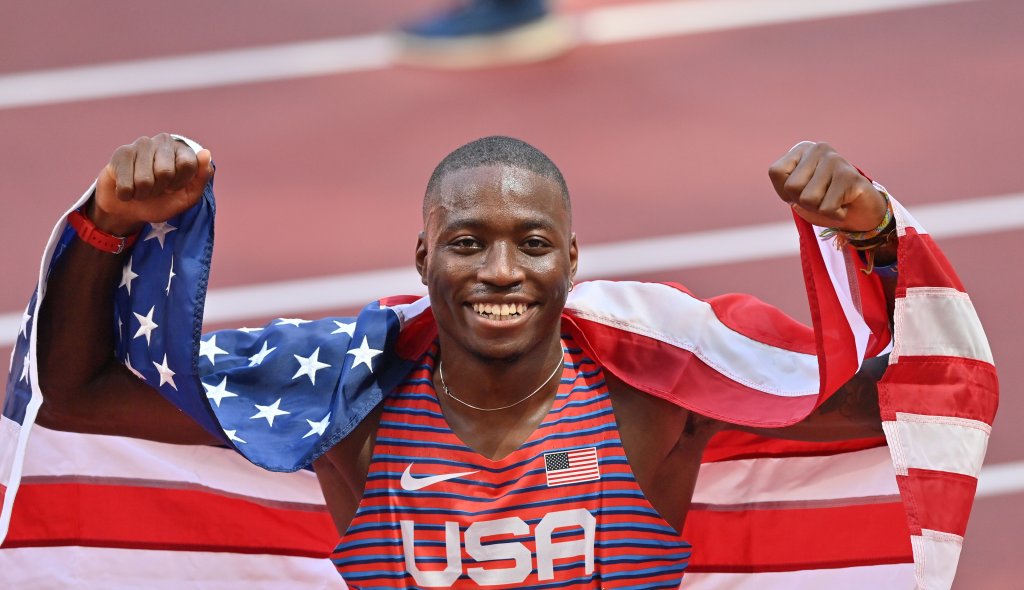 Silver medalist Grant Holloway of Team USA celebrates winning silver for the Men's 110m Hurdles Final at the Tokyo 2020 Olympic Games at Olympic Stadium in Tokyo, Japan on Aug. 5, 2021.