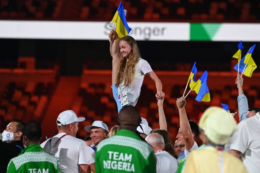 Ukraine's athletes gather on the field during the closing ceremony of the Tokyo 2020 Olympic Games, at the Olympic Stadium, in Tokyo, on Aug. 8, 2021.