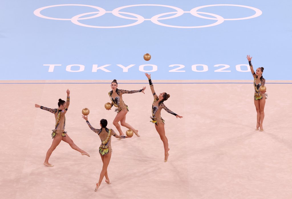 Team United States competes during the Group All-Around Qualification on day 15 of the Tokyo 2020 Olympic Games at Ariake Gymnastics Centre on Aug. 7, 2021, in Tokyo, Japan.