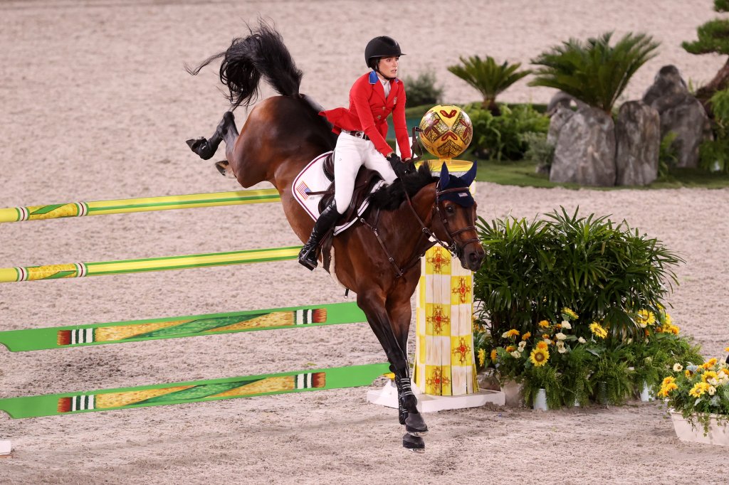 Jessica Springsteen of Team United States riding Don Juan Van de Donkhoeve competes in the Jumping Team Final at Equestrian Park on Aug. 7, 2021 in Tokyo, Japan. 