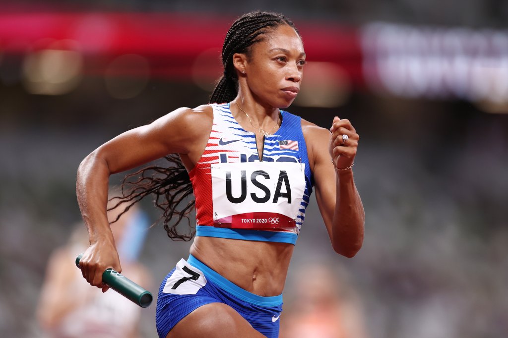 Allyson Felix of Team USA competes in the Women's 4 x 400m Relay Final on day fifteen of the Tokyo 2020 Olympic Games at Olympic Stadium on Aug. 7, 2021 in Tokyo, Japan.