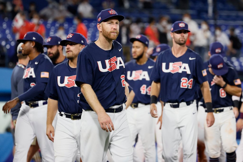 Players of Team Unites States show dejection after their 0-2 defeat during the gold medal game between Team United States and Team Japan on day fifteen of the Tokyo 2020 Olympic Games at Yokohama Baseball Stadium on Aug. 7, 2021 in Yokohama, Kanagawa, Japan.