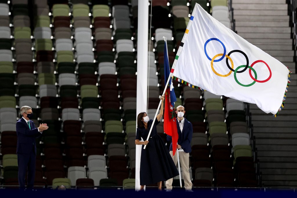 Mayor of Paris, Anne Hidalgo receives the olympic flag from President of the International Olympic Committee, Thomas Bach during the Closing Ceremony of the Tokyo 2020 Olympic Games at Olympic Stadium on Aug. 8, 2021 in Tokyo, Japan.