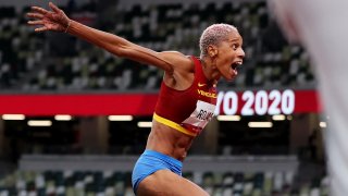 Yulimar Rojas of Team Venezuela celebrates in the Women's Triple Jump Final on day nine of the Tokyo 2020 Olympic Games