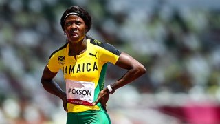 Shericka Jackson of Jamaica after finishing 4th place in her heat of the women's 200 metre at the Olympic Stadium on day ten of the 2020 Tokyo Summer Olympic Games