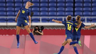 Fridolina Rolfo of Sweden celebrates after scoring her side's first goal during the women's soccer semifinal match against Australia at the Tokyo Olympics.
