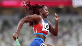 Lynna Irby of Team United States competes in the Women's 4 x 400m Relay heats on day thirteen of the Tokyo 2020 Olympic Games