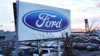 The Ford company logo is displayed on a sign outside of the Chicago Assembly Plant on February 03, 2021 in Chicago, Illinois.