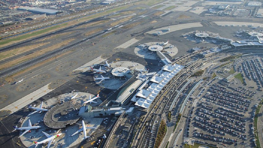 Aerial view of commercial jets at Newark Liberty International Airport (Photo by James Leynse/Corbis via Getty Images)