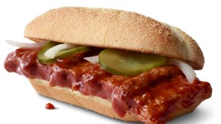 The McRib – a seasoned boneless pork sandwich with barbecue sauce, onions and pickles on a hoagie-style bun.