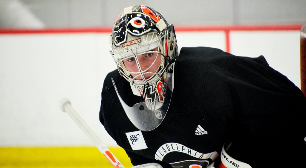 Flyers goalie Carter Hart in his new helmet