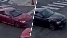 This split image shows a red Toyota Camry on the left and a dark Chrysler 300 on the right.