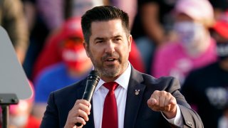 Pennsylvania Republican congressional candidate Sean Parnell speaks ahead of a campaign rally with President Donald Trump Tuesday, Sept. 22, 2020 in Moon Township, Pennsylvania.