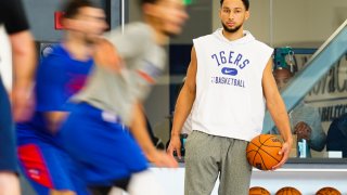 Philadelphia 76ers' Ben Simmons takes part in a practice
