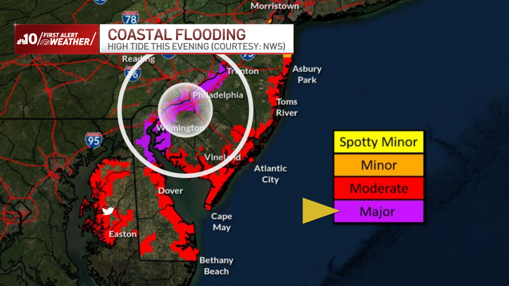 Map show in red and purple the flood threat along the Delaware River Friday night.