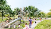 A rendering of the playground area at FDR park shows a man holding a child's hand as they look on at children playing, some climbing on branches surrounded by a life-sized bird cage and others going down a slide.