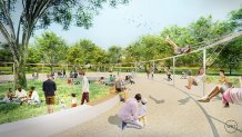 A rendering of the mega-swing at FDR Park shows children swinging as they surround a courtyard area where other people mill around.