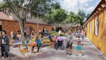 People walk around and sit at tables in a courtyard area in a rendering of FDR park.