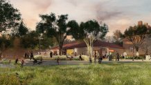 A rendering shows trees in front of a one-story welcome center with an A-frame roof at FDR Park. Grass can be seen in the foreground.