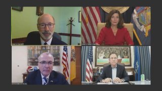 Clockwise from upper left: Pennsylvania Gov. Tom Wolf, New York Gov. Kathy Hochul, Connecticut Gov. Ned Lamont and New Jersey Gov. Phil Murphy
