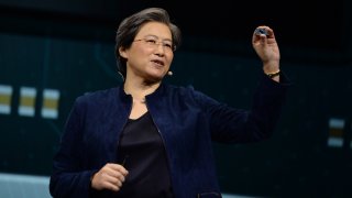 Lisa Su, president and chief executive officer of Advanced Micro Devices Inc. (AMD), presents the AMD Ryzen 4000 series chip during an AMD press event at CES 2020 in Las Vegas, Nevada, U.S., on Monday, Jan. 6, 2020.