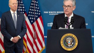 US President Joe Biden (L) looks on after announcing Jerome Powell (R) as his nominees for Chair of the Board of Governors of the Federal Reserve Systems during an event at the White House in Washington, DC, on November 22, 2021.