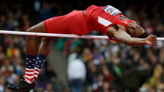 United States' Erik Kynard clears the bar in the men's high jump final during the athletics in the Olympic Stadium at the 2012 Summer Olympics, London, Tuesday, Aug. 7, 2012.