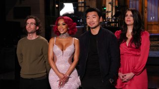 In this photo, Kyle Mooney, musical guest Saweetie, host Simu Liu, and Cecily Strong during promos in Studio 8H on Thursday, November 18, 2021