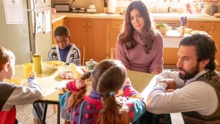 Pictured: (l-r) Isabella Rose Landau as Kate, Kaz Womack as Kevin, Ca’Ron Jaden Coleman as Randall, Mandy Moore as Rebecca, Milo Ventimiglia as Jack in a screengrab from the “This Is Us” season 6 episode “The Challenger.”