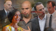 Photo illustration of (from left to right): Bill McSwain, Val Arkoosh, John Fetterman, Josh Shapiro and Jeff Bartos.