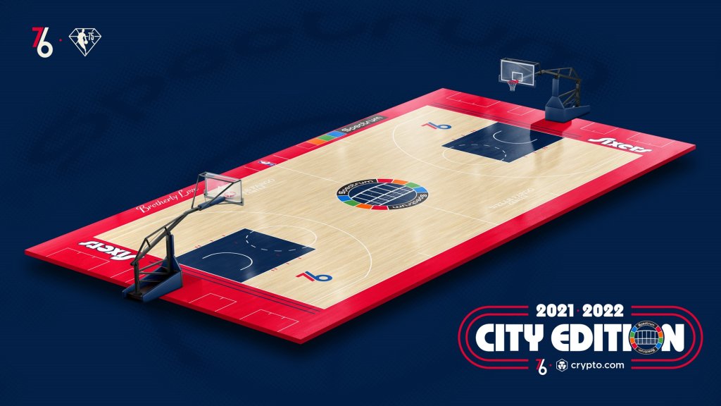 76ers hardwood floor painted with Spectrum-inspired logo