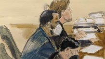 R. Kelly, left, listens during his trial in New York, Aug. 26, 2021 as seen in this court sketch.