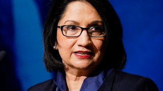 Neeli Bendapudi speaks during a meeting of the Penn State Board of Trustees, Thursday, Dec. 9, 2021, in State College, Pa. The Penn State Board of Trustees voted Thursday to hire Bendapudi as president. She's first woman and first person of color to serve in that role for Penn State.