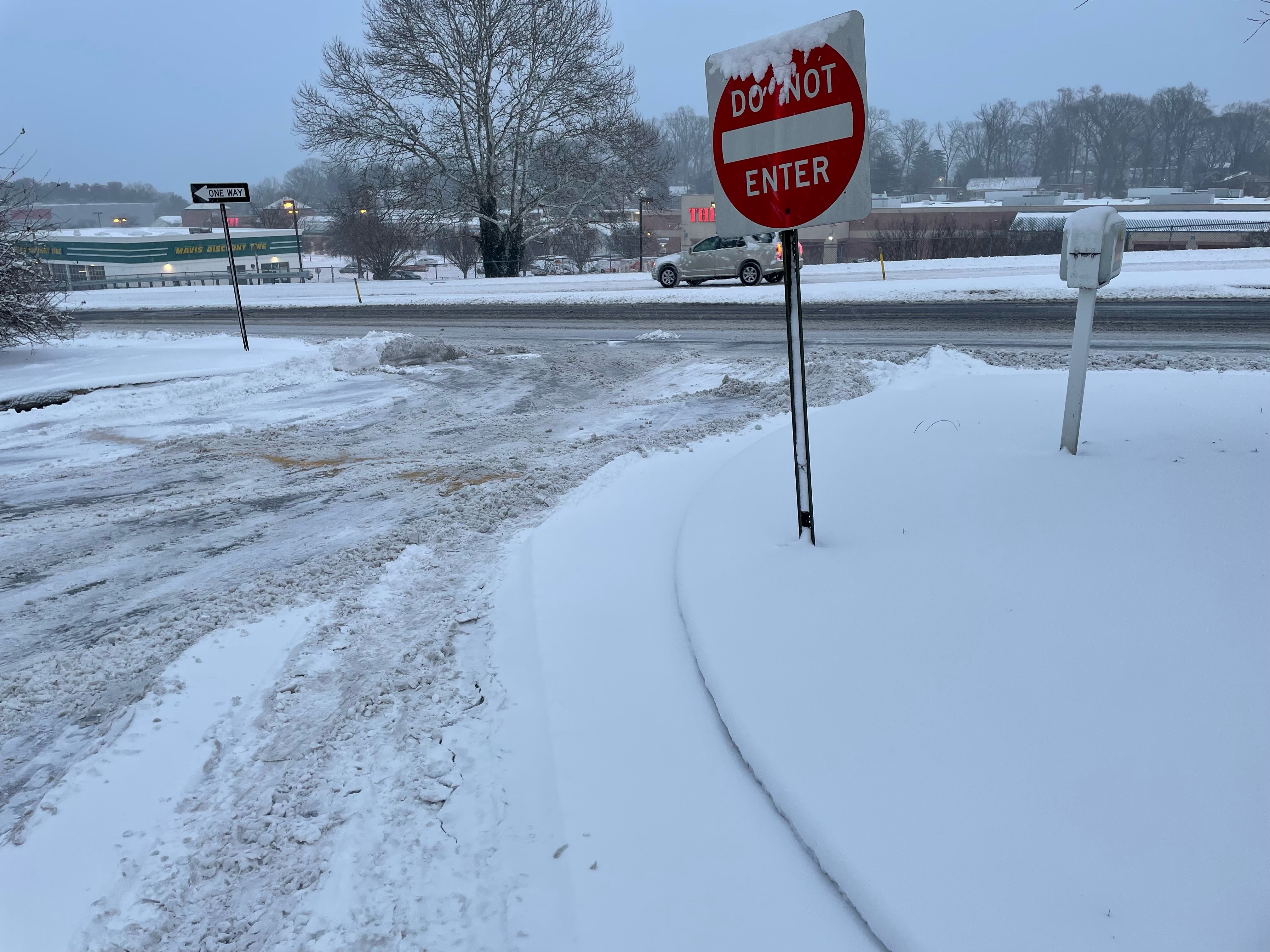 Snow sticks to a "do not enter" sign in Clifton Heights, Pa.